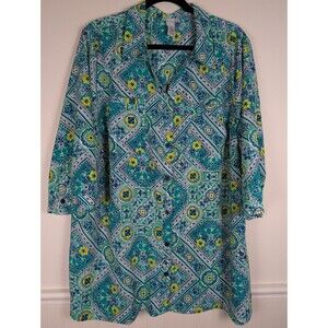 Catherines Womens Button Up Top Size 2X Green Paisley Half Sleeve Pockets